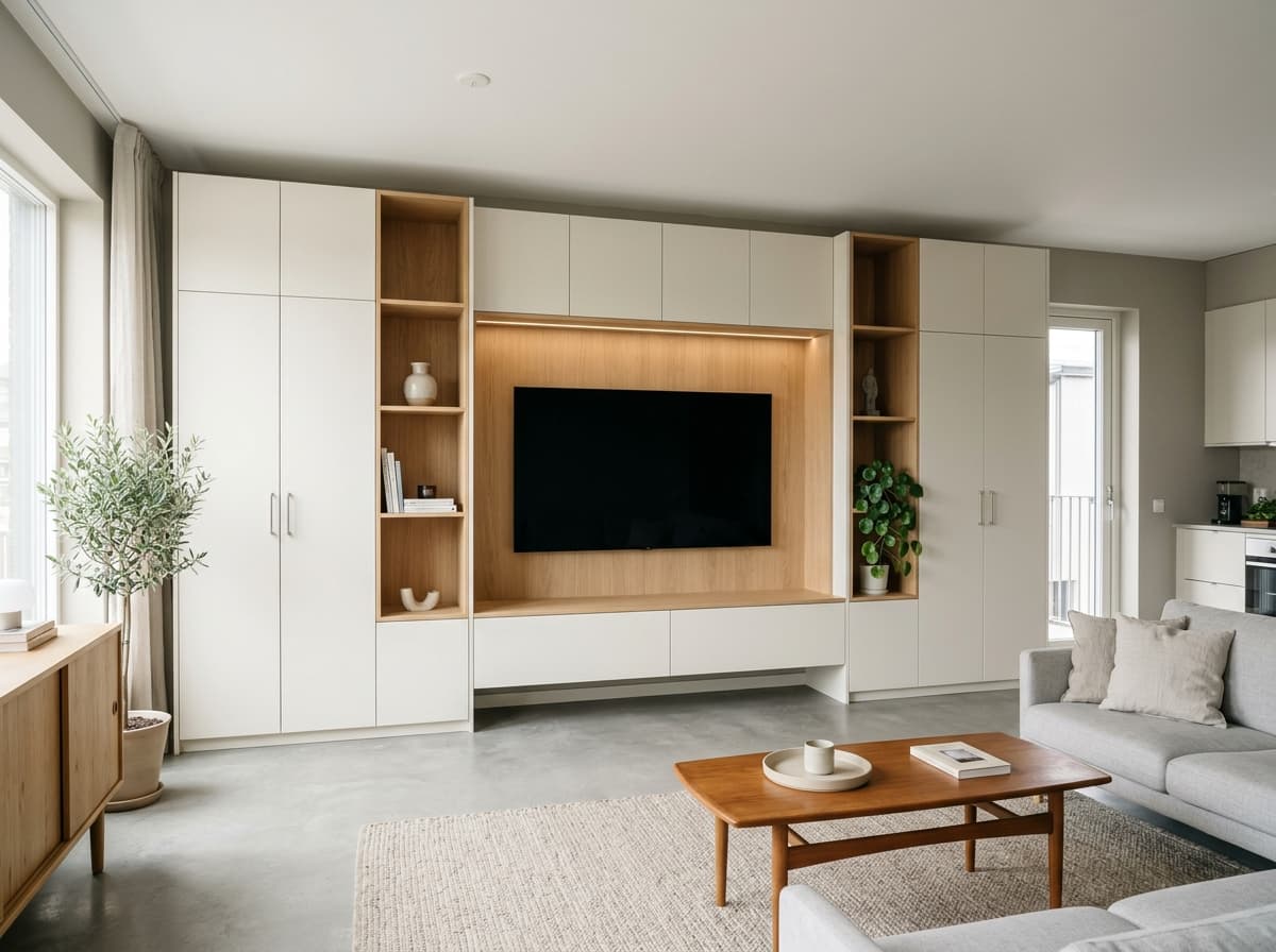 Ölçüye göre yapılmış, TV nişli açık renk duvar ünitesi